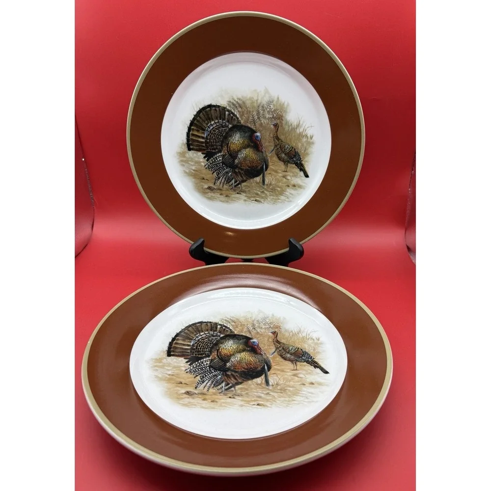 2 RARE Williams Sonoma Woodland Turkey Rimmed Dinner Plates 11